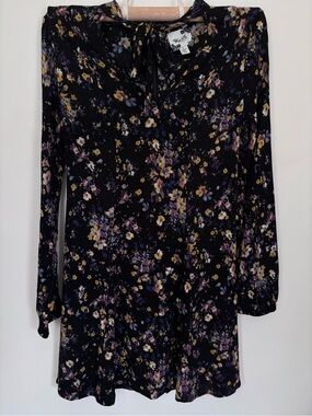 Way-In Black Floral Long-Sleeve Tie-Neck Dress | Small | Moody
